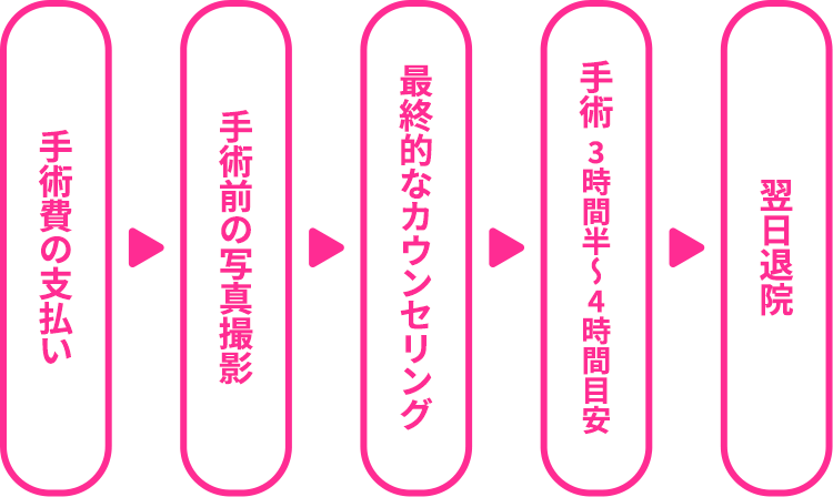 (1)手術費の支払い (2)手術前の写真撮影 (3)最終的なカウンセリング (4)手術3時間半〜4時間目安 (5)翌日退院
